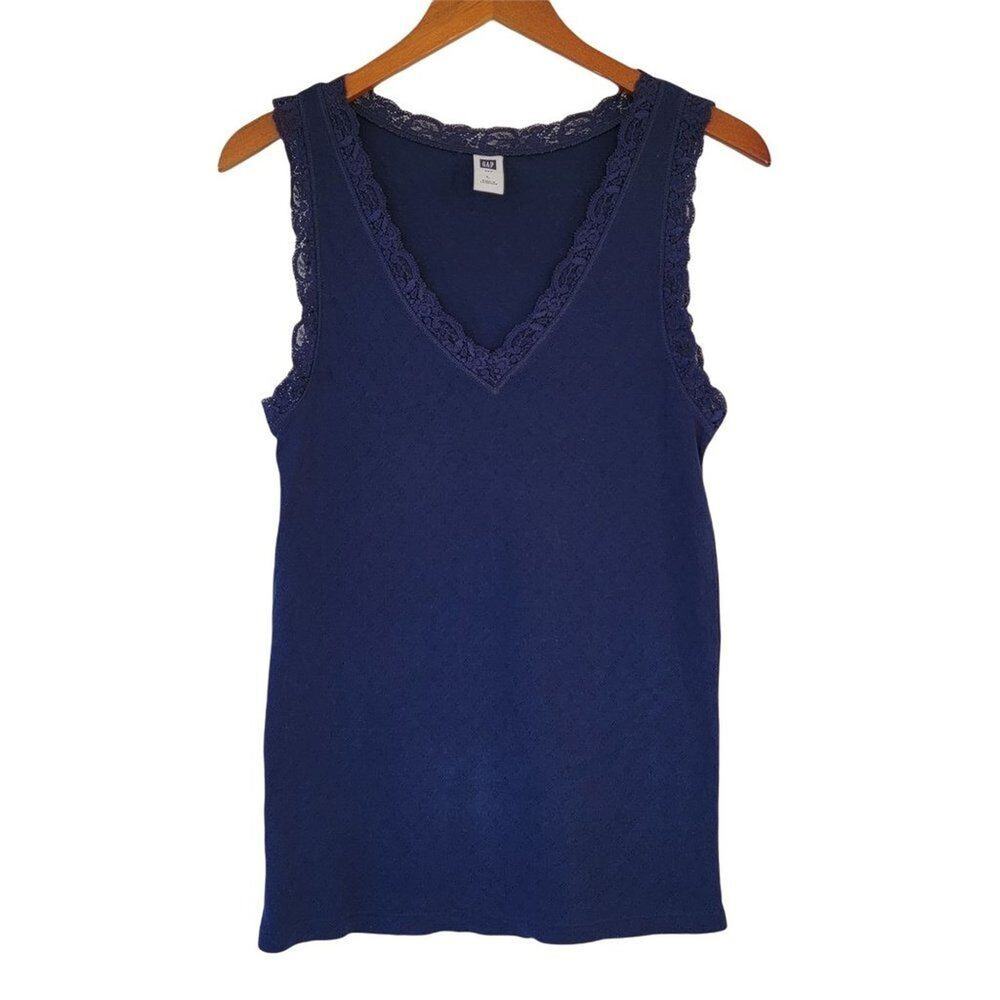 GAP Cotton Lace Tank Top Womens Large Navy Blue Sleeveless Cotton V Neck Basic
